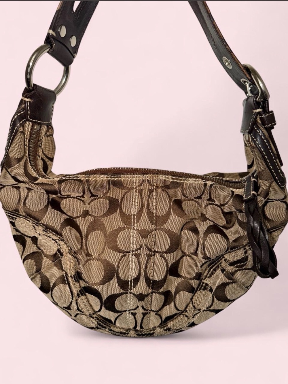 Coach Brown Signature Canvas Hobo with Dark Brown Leather Trim